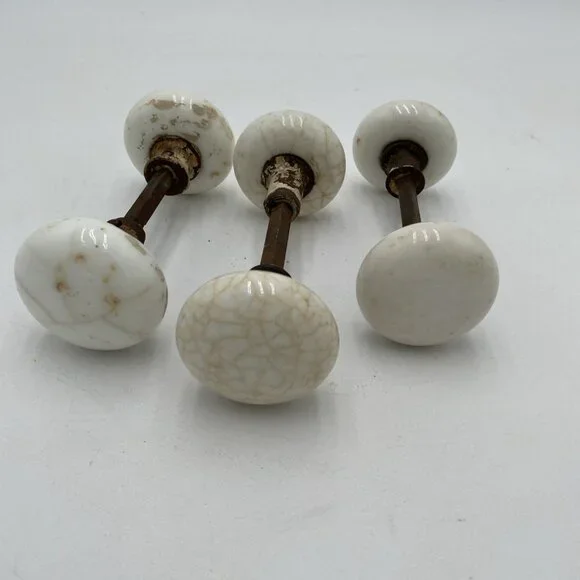 Antique Door Knob Handle Lot Porcelain White Art Deco Victorian VIntage Set 3